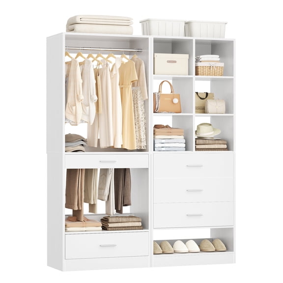 iSunirm 47.2'' Closet Organizer with Drawers, Closet System Set of 2 with Hanging Rod and Pant Rack, Multi-function Organizer Unit for Walk-in Closet, Bedroom, White