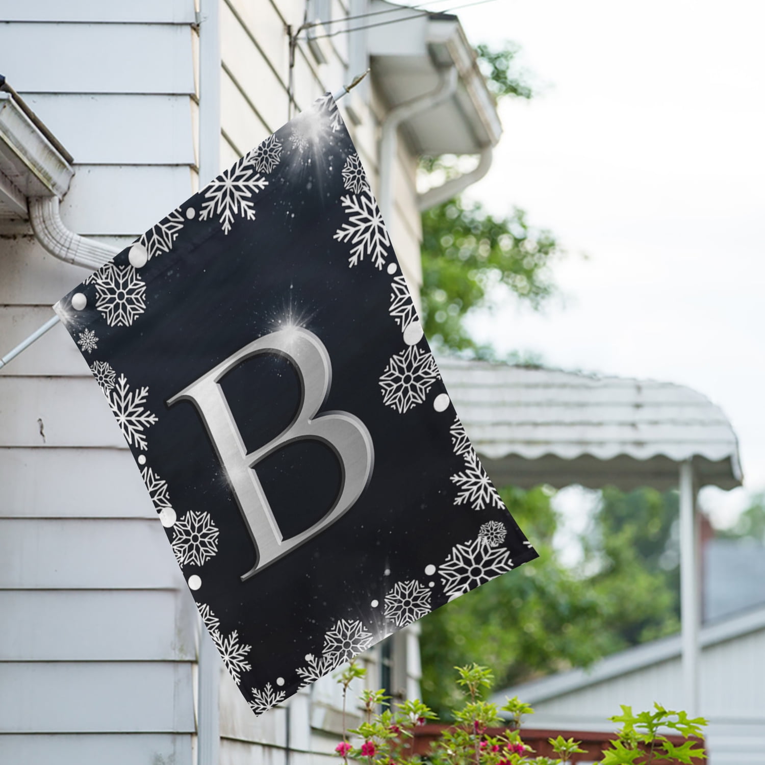 America Forever Winter Monogram Letter B House Flag Vertical Double Sided 28 x 40 inches Christmas Holiday Seasonal Flags for Outdoor, Yard, Porch Decoration, Silver Snowflakes Decoration