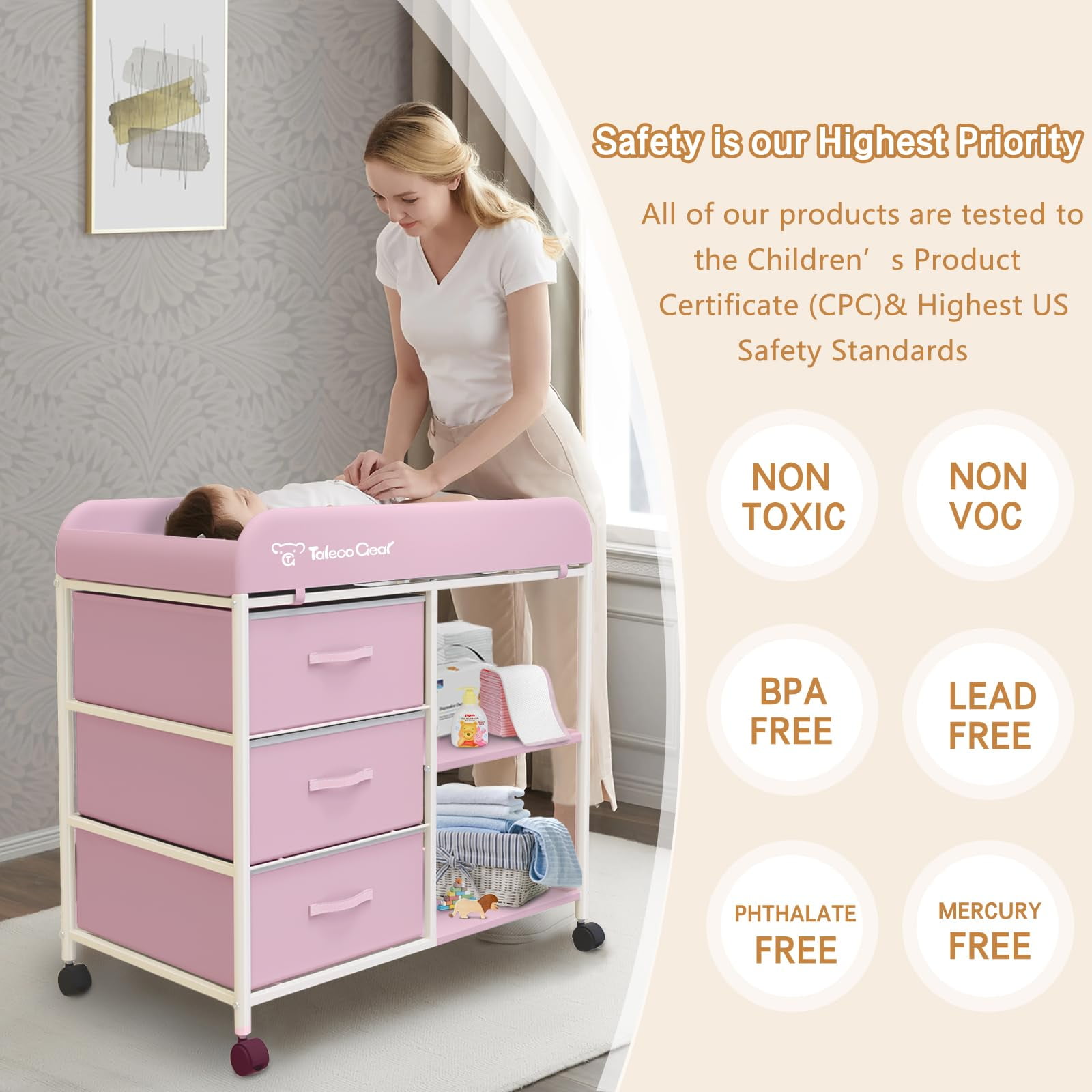 G TALECO GEAR Baby Changing Table, Portable Diaper Changing Station with Wheels, Nursery Organizer for Newborn and Infant, Pink