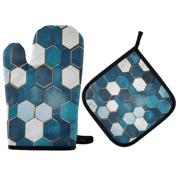 Yayeee Oven Mitts and Pot Holder Set of 2 Heat Resistant Kitchen Gloves Baking Hot Pad, Dark Blue Hexagon Patterns