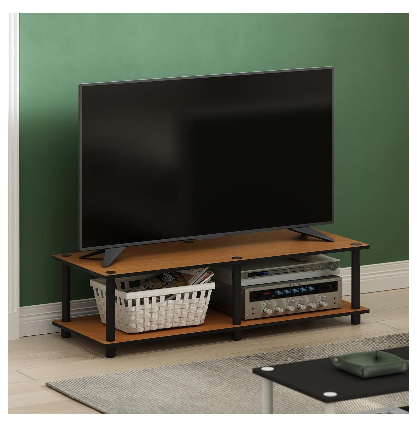 60 Inch TV Stand No Tools Assembly, Entertainment Console for 42" TVs - Black & Light Wood