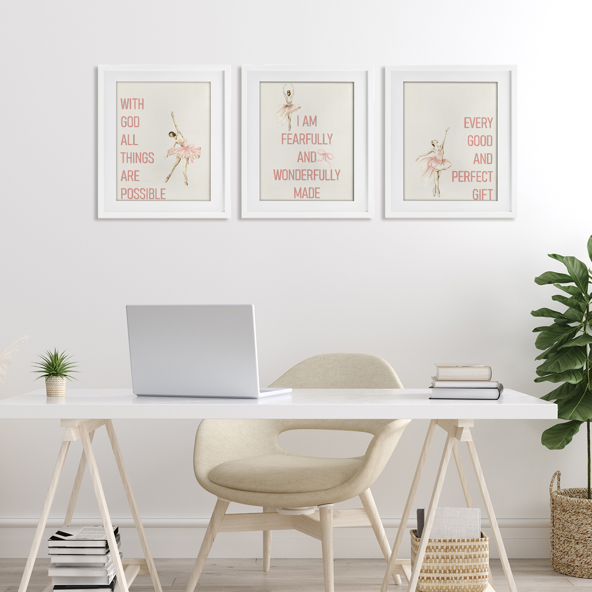 Faith Sentiments with Ballerinas 3 Piece White Framed Print Under Glass Set, design by Kim Allen
