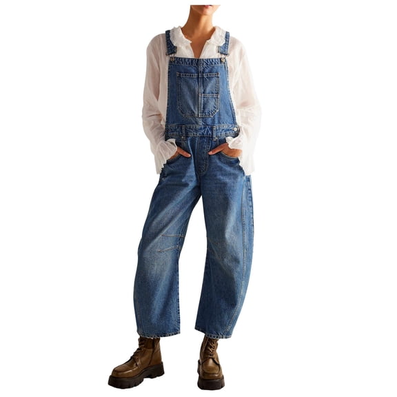 Women's Denim Jumpsuit - High Waisted Wide Leg Sleeveless Overalls with Adjustable Straps, Polyester, S-XXL