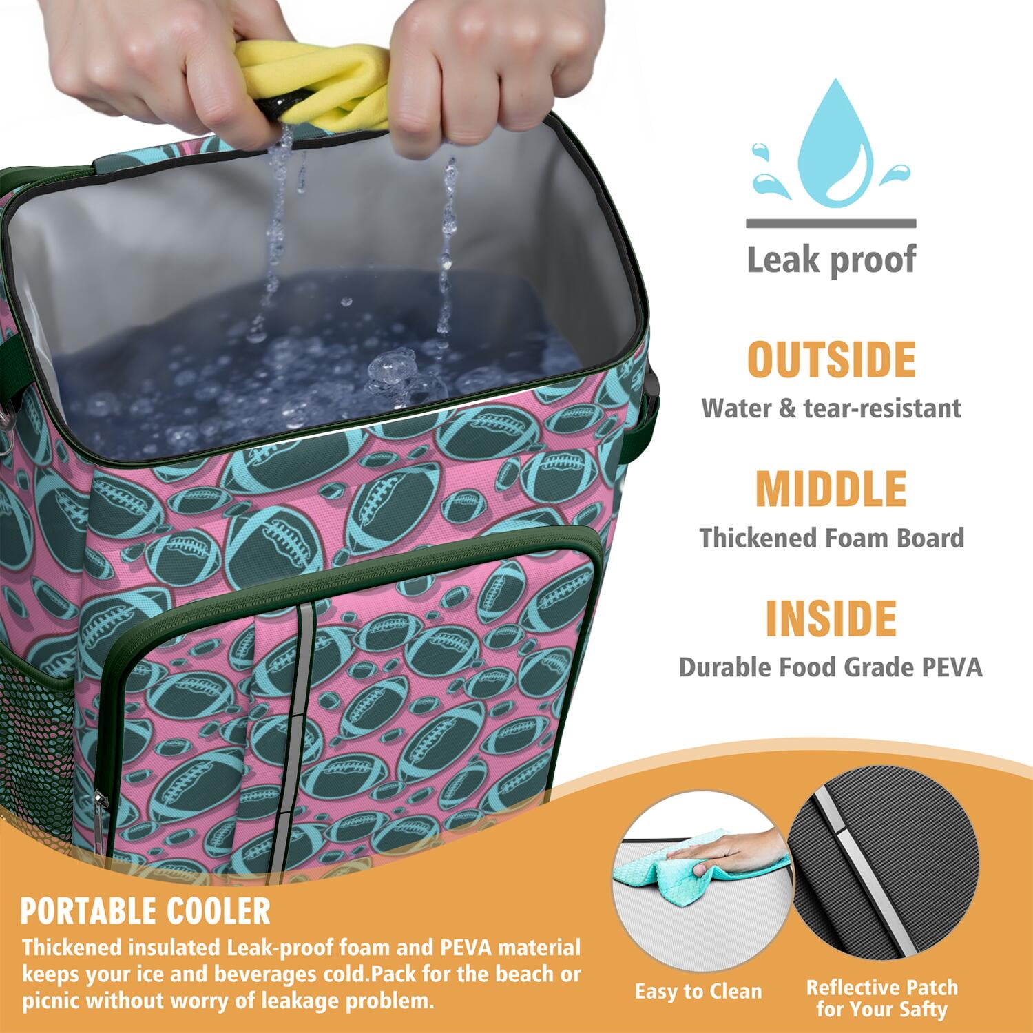 Travel Cooler Bag - Football Pattern Camping Beer Cooler Backpack with Bottle Opener- Waterproof Insulated Picnic Backpacks - Cooler Bag for Beach
