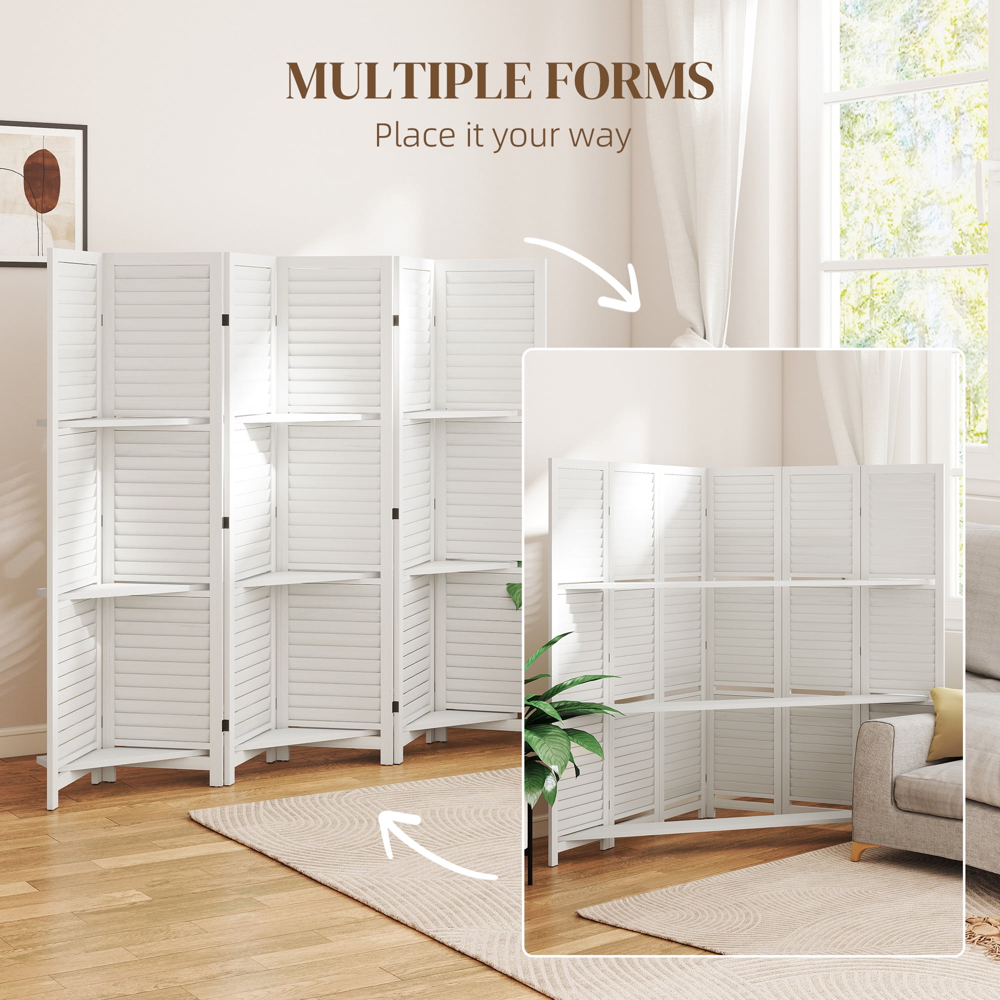 HOMCOM 6 Panel 67" Tall Wood Privacy Screen Room Divider with 3 Display Shelves, and Folding Storage for Bedroom or Home Office, White