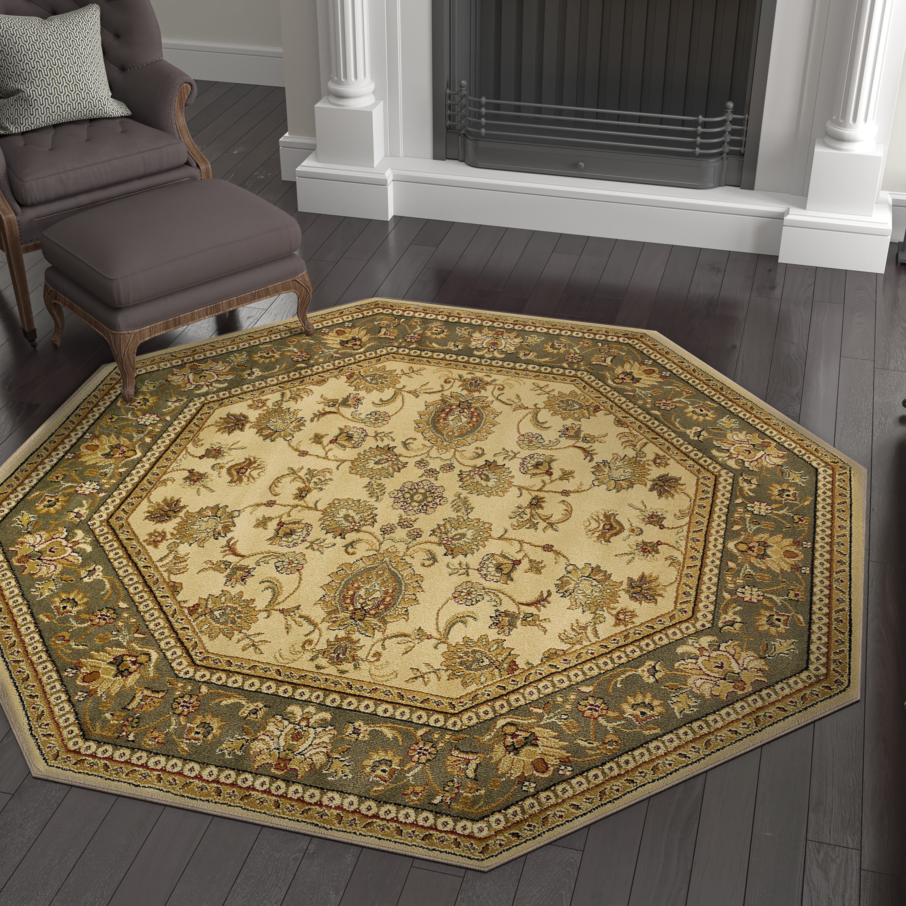 Sensation Transitional Ivory and Moss Green Indoor Area Rug, 8' Octagon
