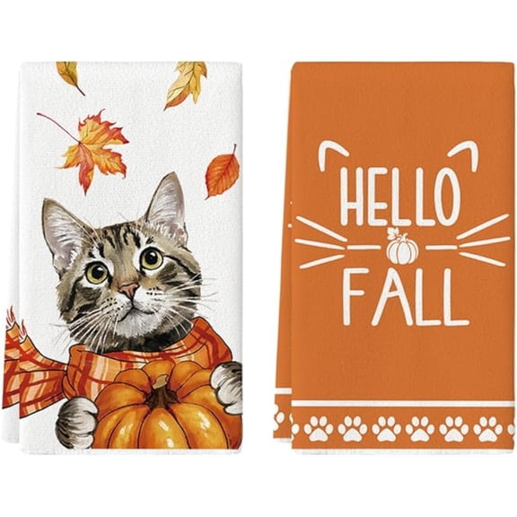 2-Piece Fall Kitchen Towels Set – Hello Fall Cat & Pumpkin Design, 18x26 Inch Farmhouse Thanksgiving Hand Towels with Maple Leaf Scarf Decoration, Perfect for Drying & Autumn Home Decor