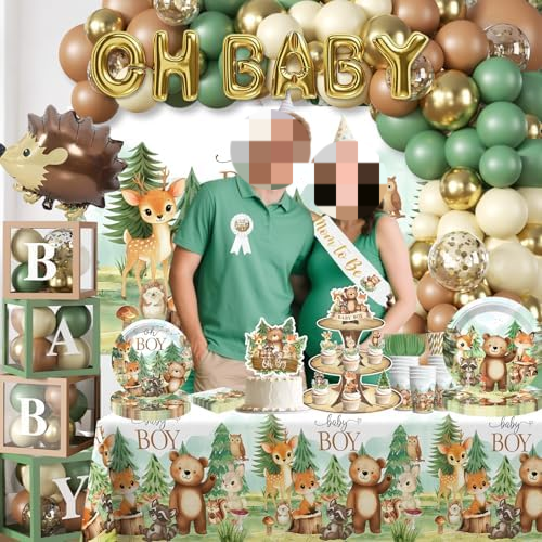 254Pcs Woodland Baby Shower Decorations, All-in-one Baby Boy Woodland Forest Animals Party Set with Plates, 2 Tablecloths, Cupcake Stand Woodland Theme Baby Shower Decorations$$
