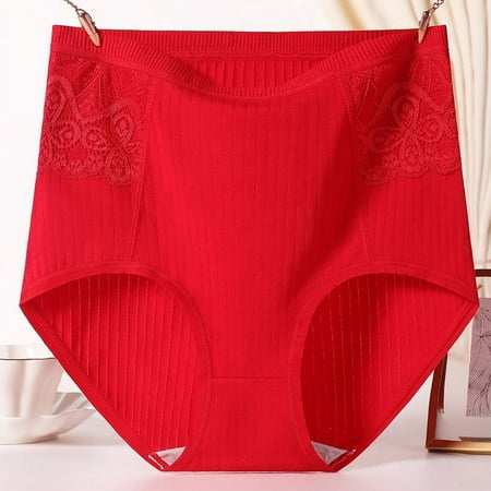 Xunlbb Underwear Women Pack Women s Solid Lace Plus Size High Waist Leak Proof Cotton Crotch Shorts Underwear Panties (Red 3XL) on Clearance