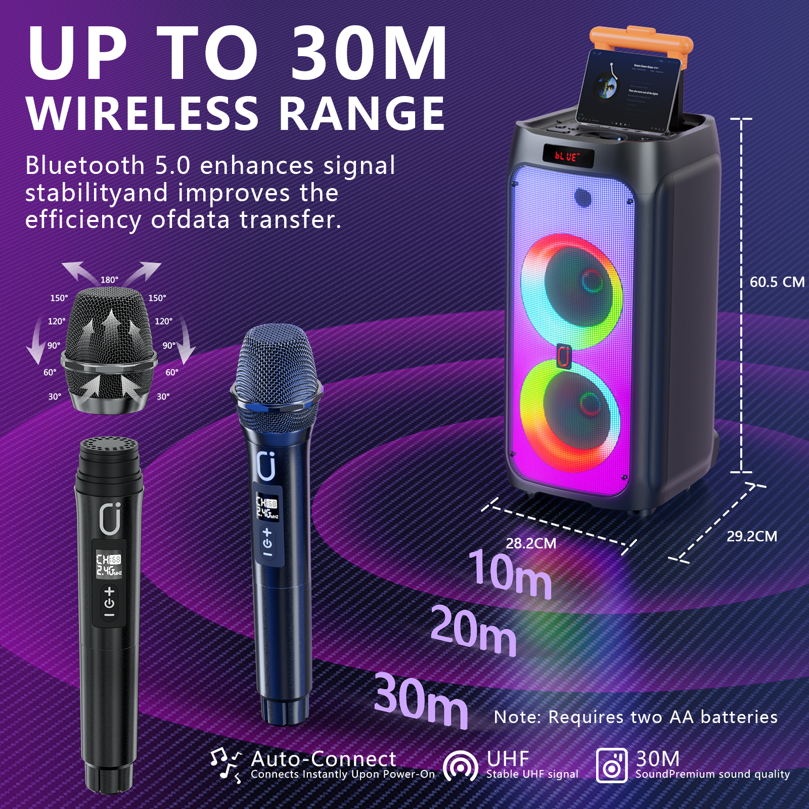 JYX Large Karaoke Machine with 2 Microphones, 500W with Wheels photo 8