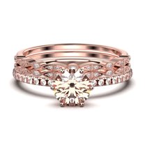 Beautiful Art Deco 2.25 Carat Round Cut Morganite And Diamond Moissanite Engagement Ring, Wedding Ring, Two Matching Band in 925 Sterling Silver With 18k Rose Gold Plating Gift For Her, Promise Ring