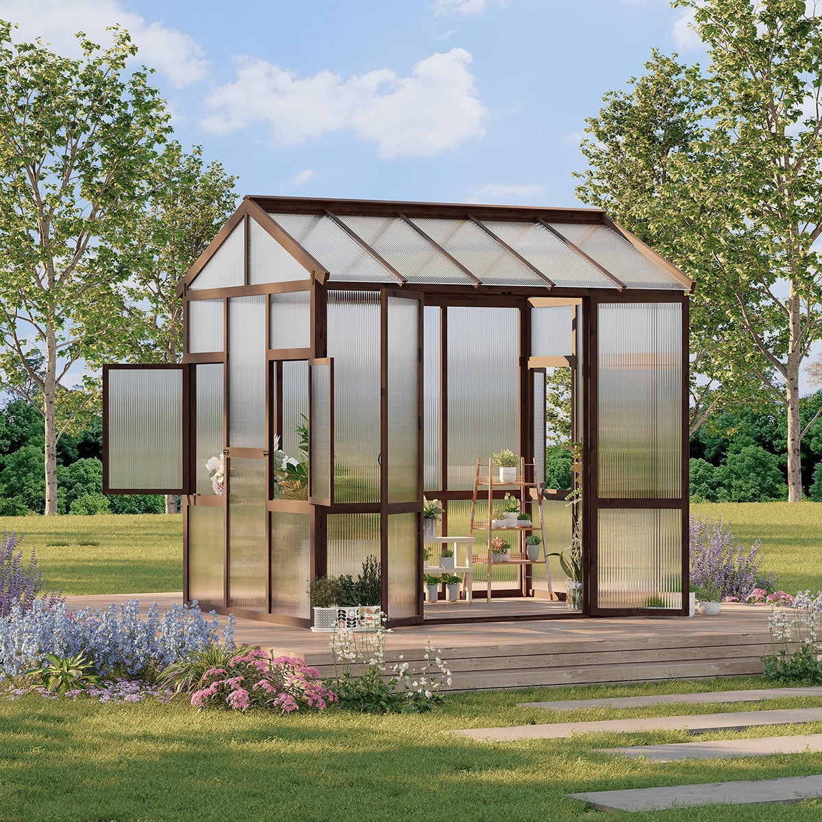 Danolapsi 6x8 FT Wooden Greenhouse for Outdoor,Heavy Duty Walk-in Green House Kit with 6mm Polycarbonate,Ventilated Window & Lockable Door for Backyard, Patio,Lawn（ship in 3 boxes）