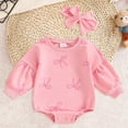 thumbnail image 2 of Zanarzt Baby Rompers Girl Baby Girl Bow Romper Puff Long Sleeve Sweatshirt Bubble Bodysuit Cute Spring Clothes with Headband Pink,12-18 Months, 2 of 9