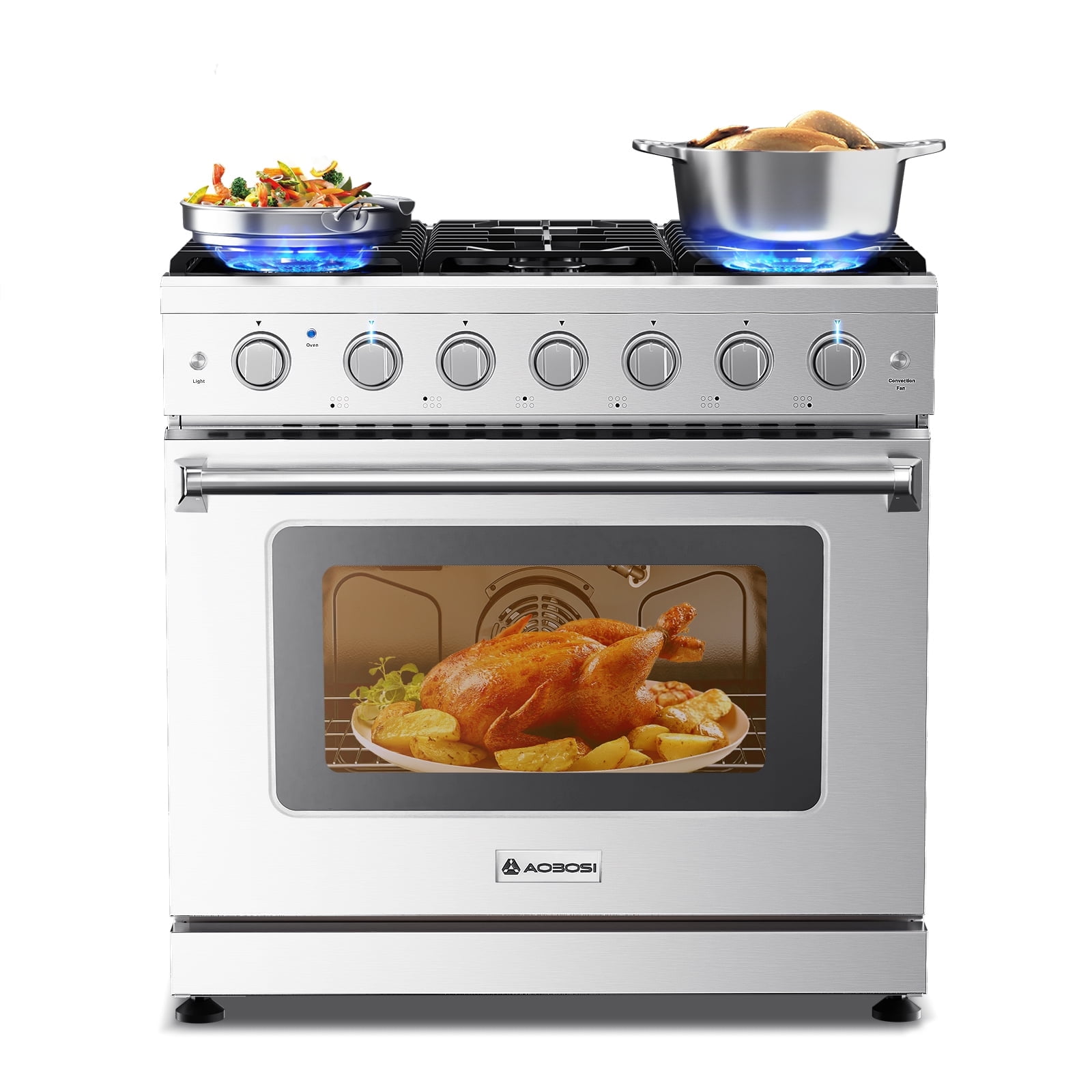 AAOBOSI 36 Inch Front Control Gas Range Oven with 6 Cooktop Burners, 6 Cu. Ft Convection Oven with Knobs Control, Heavy Duty Cast Iron Grates in Stainless Steel
