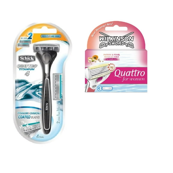 Schick Quattro Titanium 1 Razor with 2 Refill Blades and Wilkinson Quattro for Women Refill Blades, 3 count