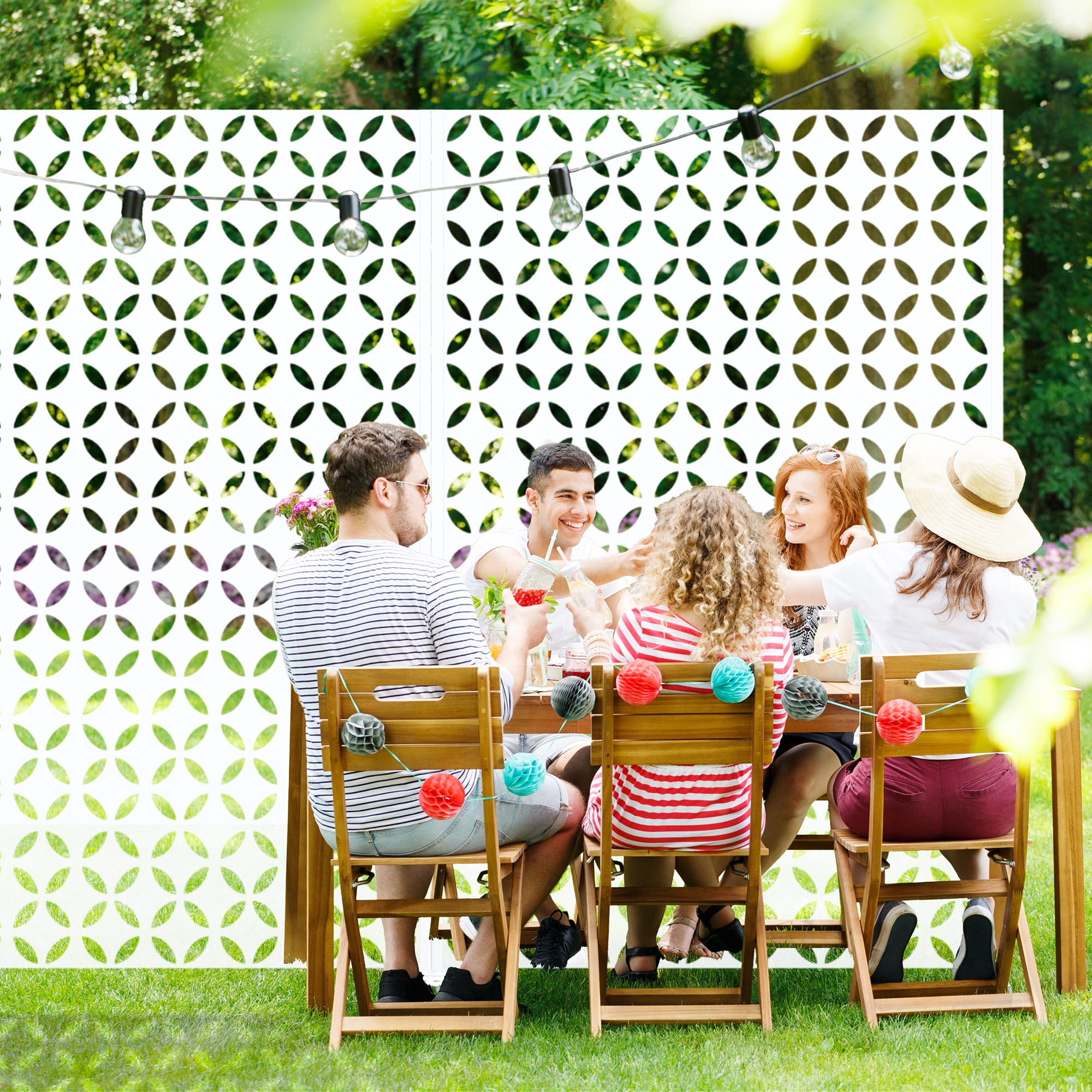 MAYEERTY 72*47" Outdoor White Metal Privacy Panel Screen for Patio, Coin Pattern