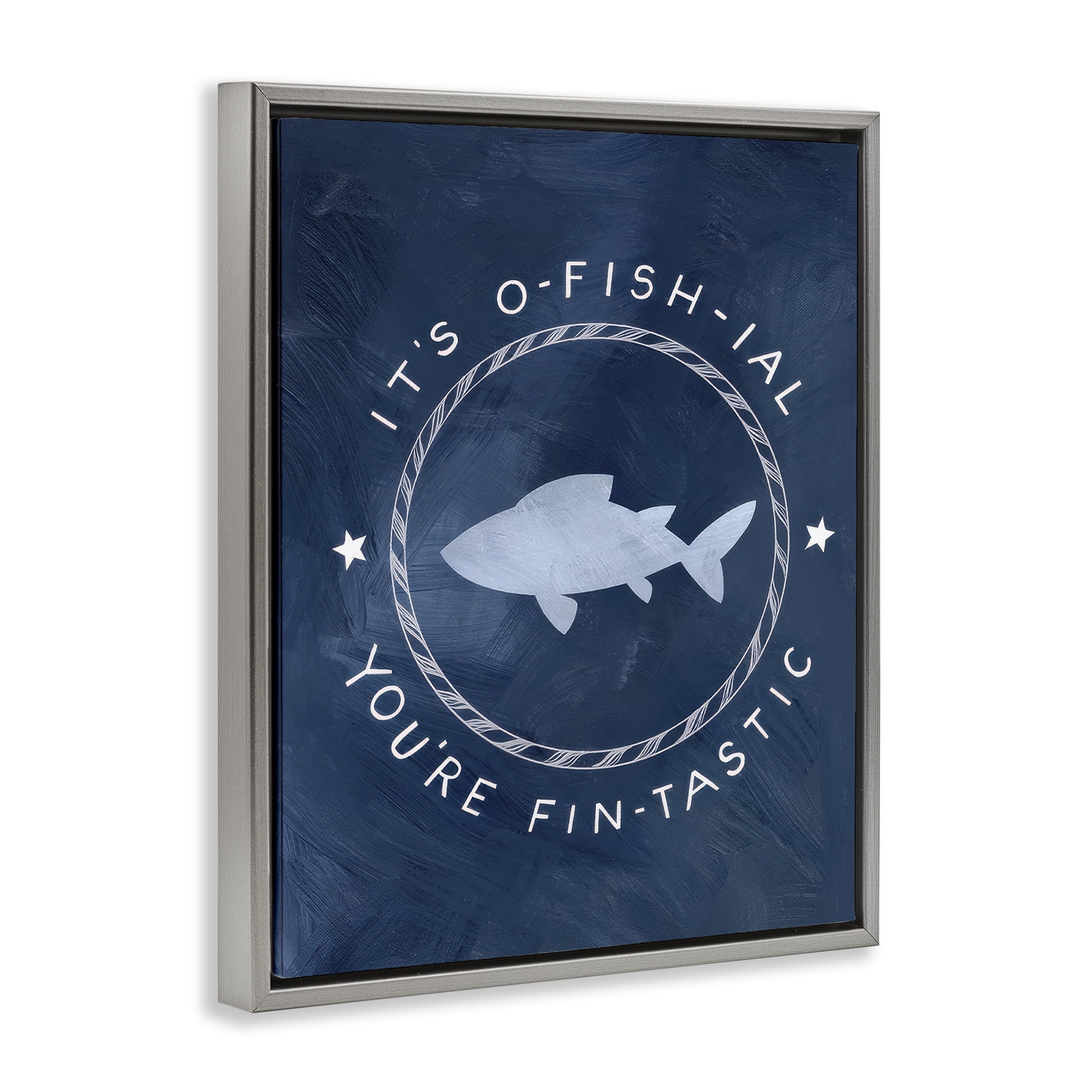 Stupell Industries Officially Fantastic Fish Pun Nautical & Beach Painting Gray Floater Framed Canvas Art Print Wall Art, 17 x 21
