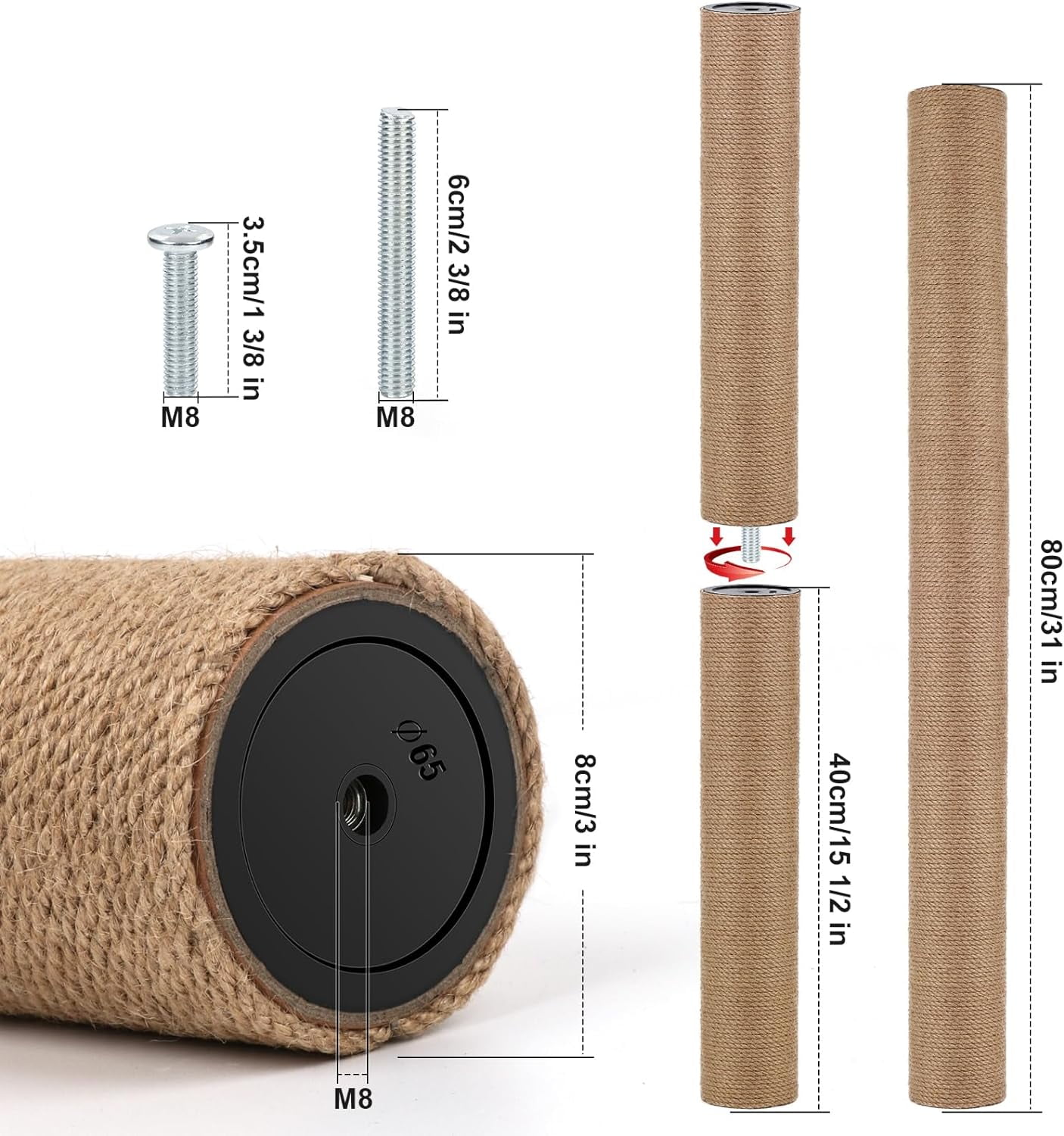 4 PCS M8 Cat Scratching Post Replacement,  15.7 x 3.1 Inches Cat Tree Replacement Post-Natural Jute Pole for Indoor Cats with M8 Screws, for Kitten Tree Tower Spare Cat Furniture Accessories