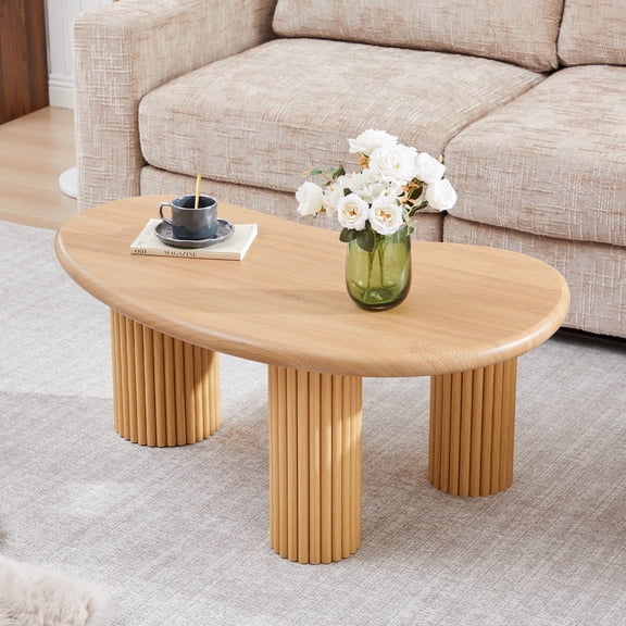 Wirrytor Cloud Coffee Table for Living Room, Oval Mid-Century Modern Wood Table with 3 Legs, Oak