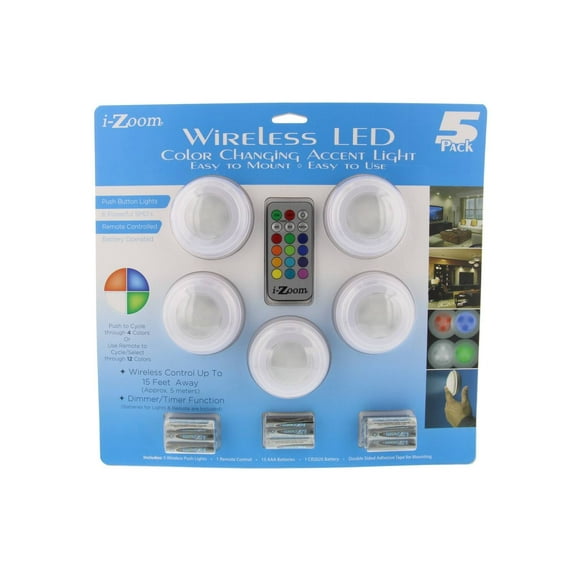 i-Zoom Wireless LED Color Changing Push Lights with Remote Control, 5 Pack - Ideal for Holiday, Mood, Accent & Special Event Lighting