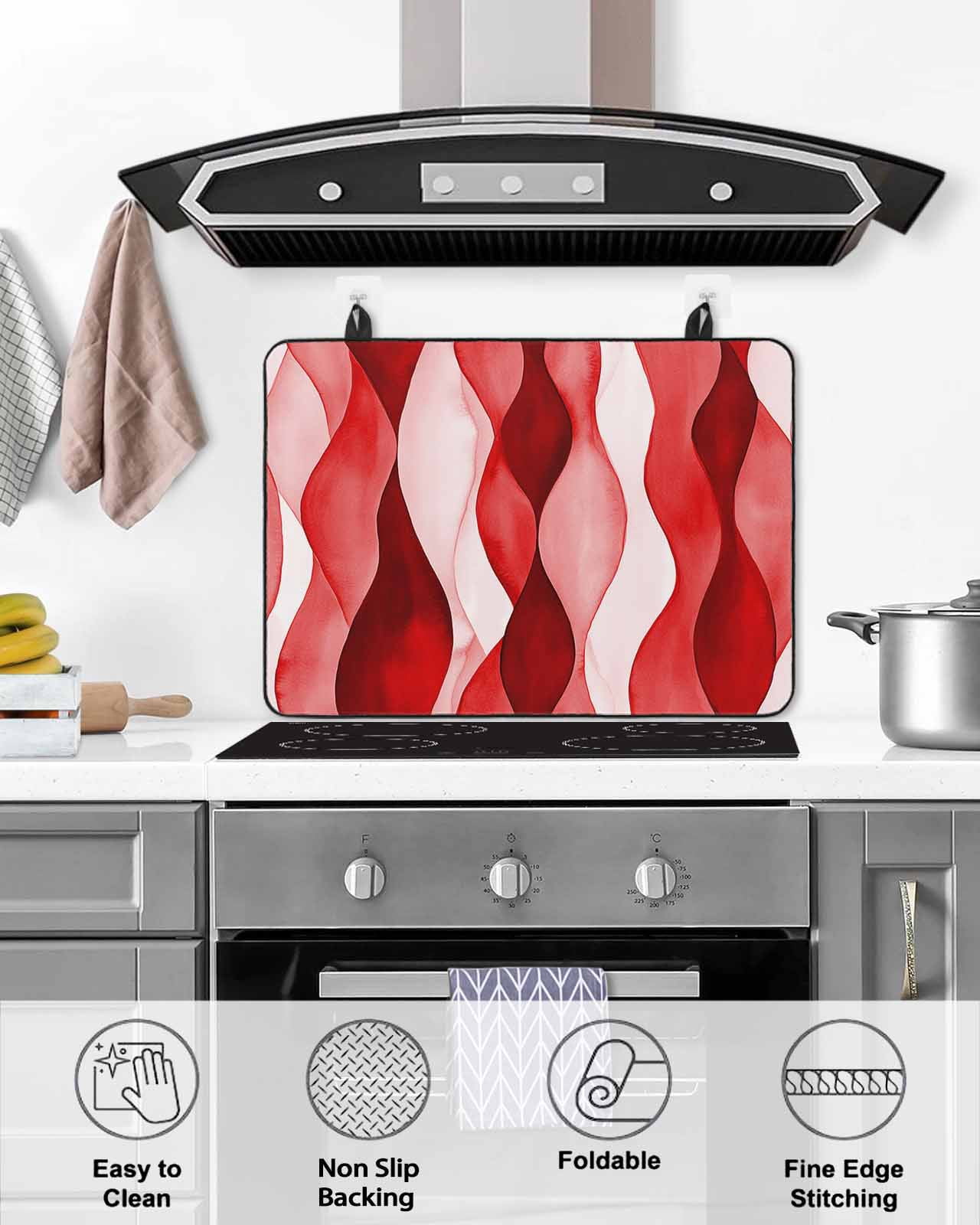 nqOlkjepod Large Induction Cooktop Protector Mat 24"x21", Red Striped Stove Top Covers for Electric Stove, Modern Gradient Geometric Ripple Stripes Stove Burner Cover Mats, Glass Top Stove Cover