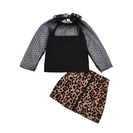 

koaiezne Kids Toddler Baby Girls Long Sleeve Polka Dot Lacy Tops Leopard Print Skirt 2PCS Outfits Set Girls Mom Matching Pajamas Crop Top Girl