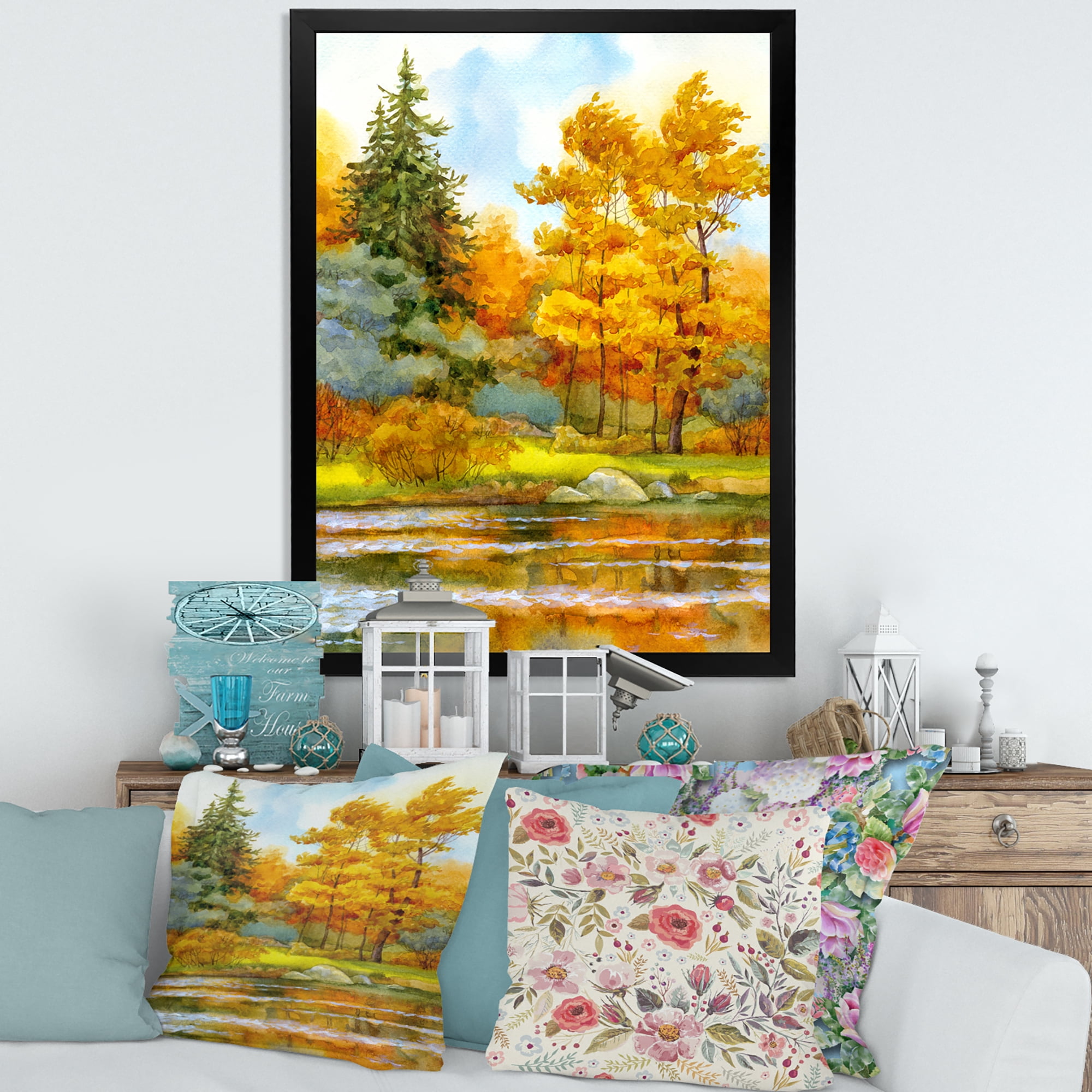 Designart 'Autumn Forest By The Lake Side I' Lake House Framed Art Print