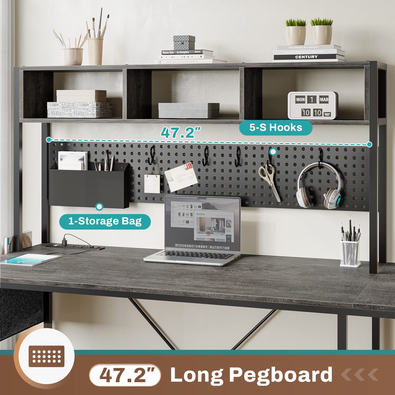 L-Shaped Desk with Hutch & Pegboard, Corner Gaming Desk with LED Lights & Charging Station for Bedroom, Dark Gray