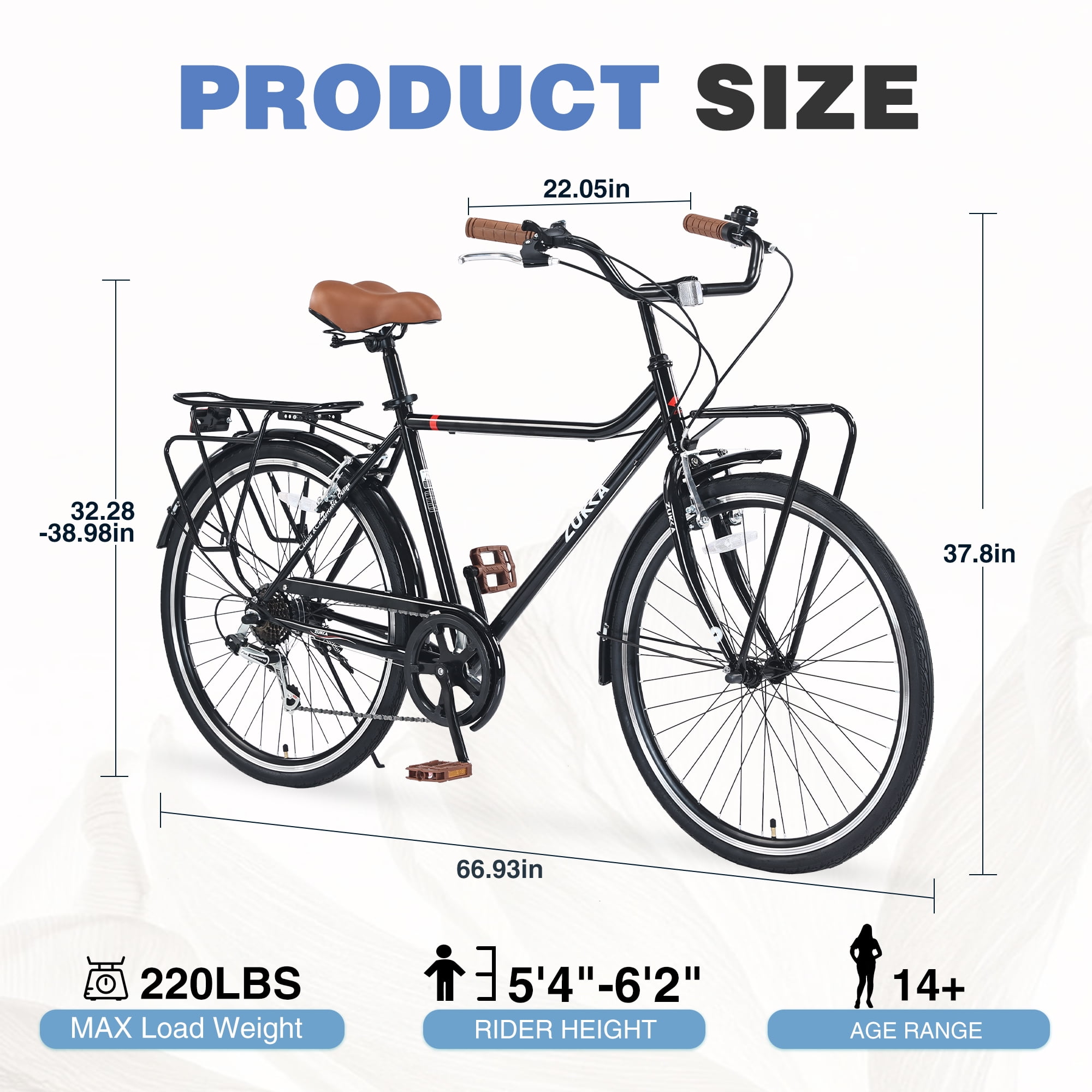 Zukka 26" Commuter Bike Vintage Style with Rack City Commuting Cruiser Bicycle for Men Women Black