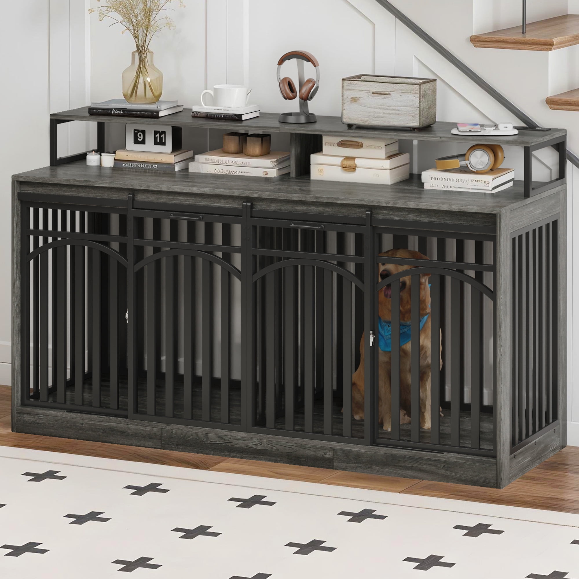 Dextrus 71" Dog Crate, TV Stand with LED Lighting and Power Outlets, Double Door Dog Kennel for Large Dogs, Heavy-Duty Indoor Dog Crate Furniture, Gray Oak