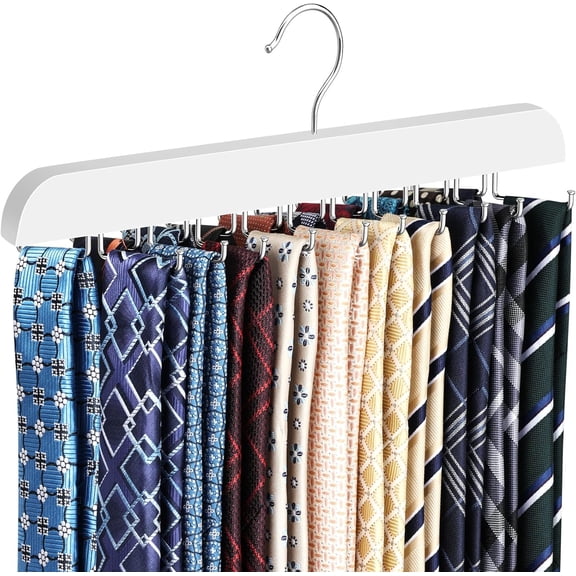 Upgraded Tie Rack Hanger with 20 Foldable Metal Hooks, Space Saving Necktie Organizer for Men – Large Capacity Tie and Belt Wooden Hanger for Closet - White