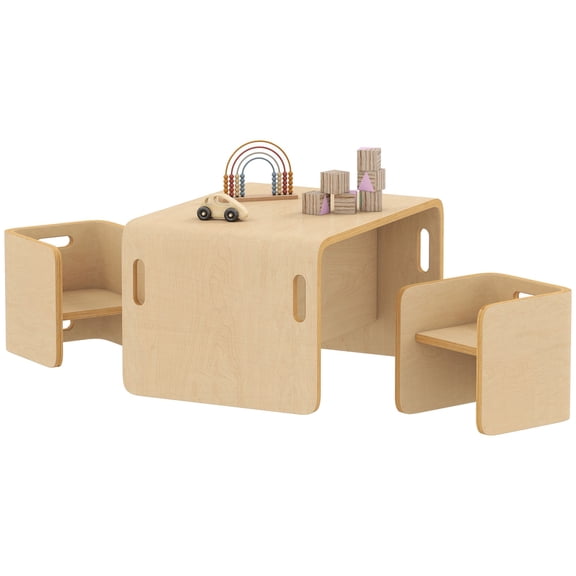 Kids Table and Chair Set, Height Adjustable Birch Wood Toddler Desk with Dual-Height Seats, Natural Wood for Play and Learning
