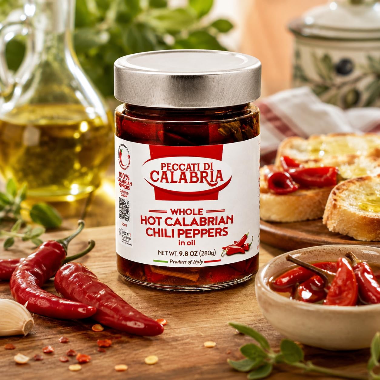 Peccati di Calabria Whole Hot Calabrian Chili Peppers in Oil 9.8 oz (280g)
