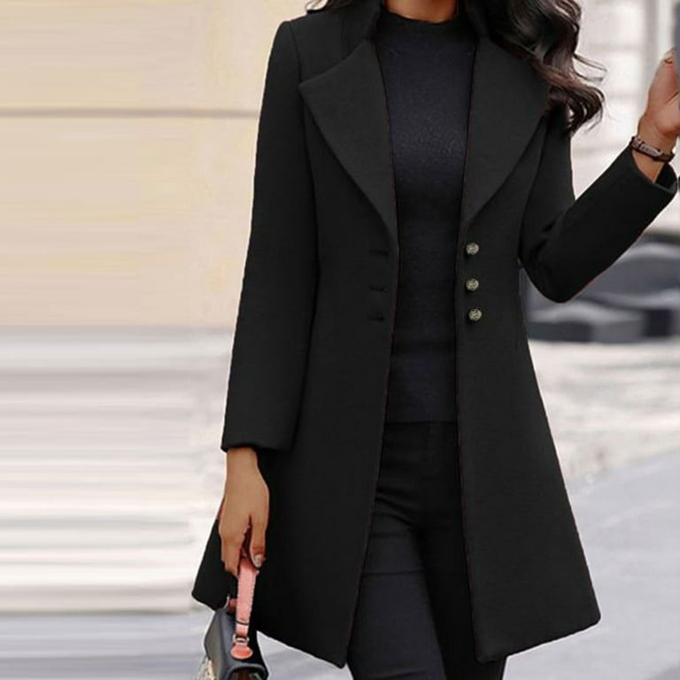 Scyoekwg Winter Jackets for Women Fashion Long Sleeve Woolen Lapel Solid  Color Long Jacket Coat Womens Clothes Black M
