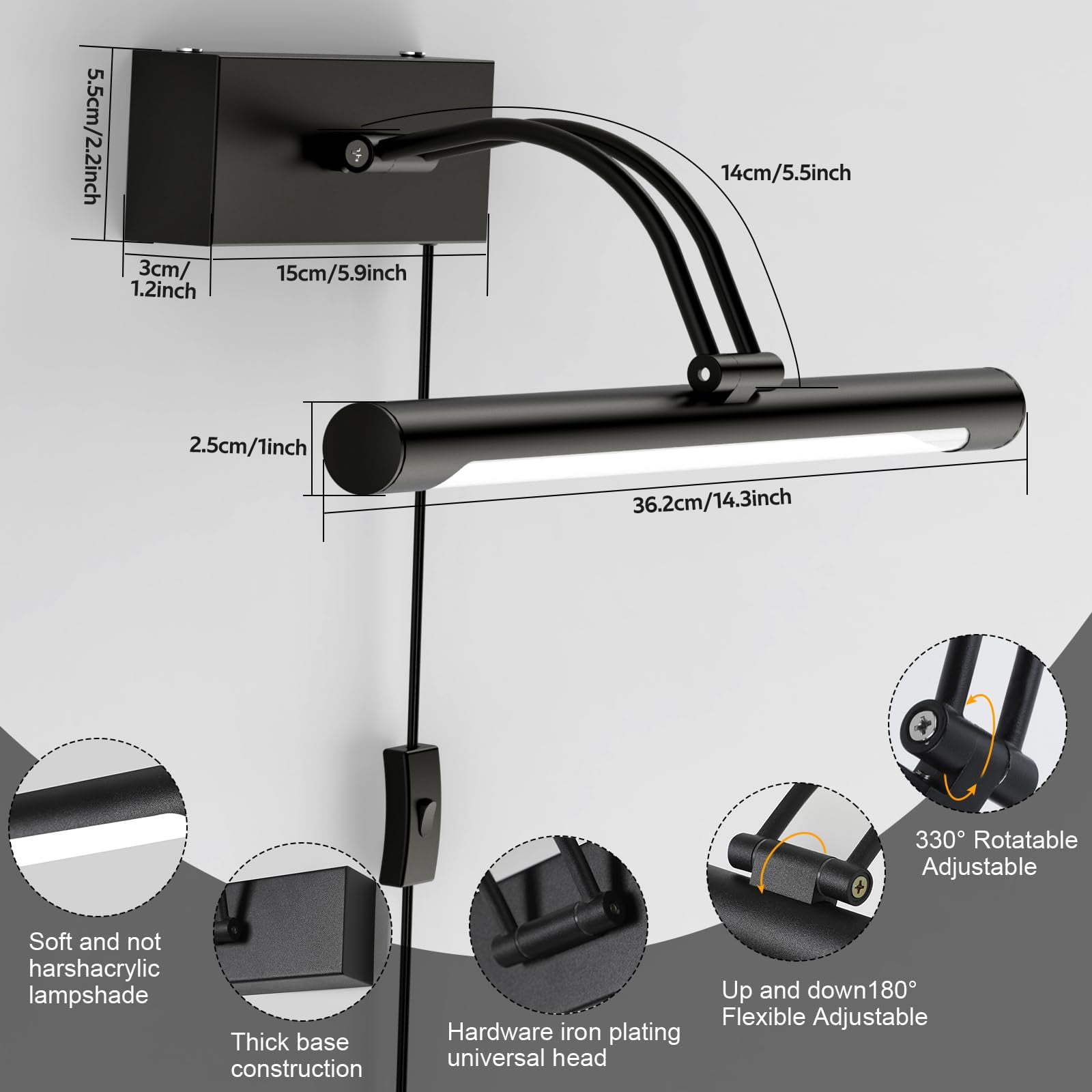 Black Hardwired LED Picture Light - 14-Inch Wall Sconce for Artwork, Dart Boards, and Gallery Displays