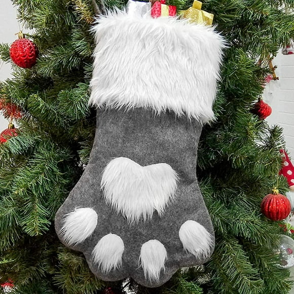 nipocaio Christmas Stocking Hanging Plush Christmas Bootie 3D Dog Paw Pattern Christmas Stocking for Candy, Cookies, Chocolates Gift Bag Christmas Stocking Fireplace Christmas Tree Decoration (Grey)