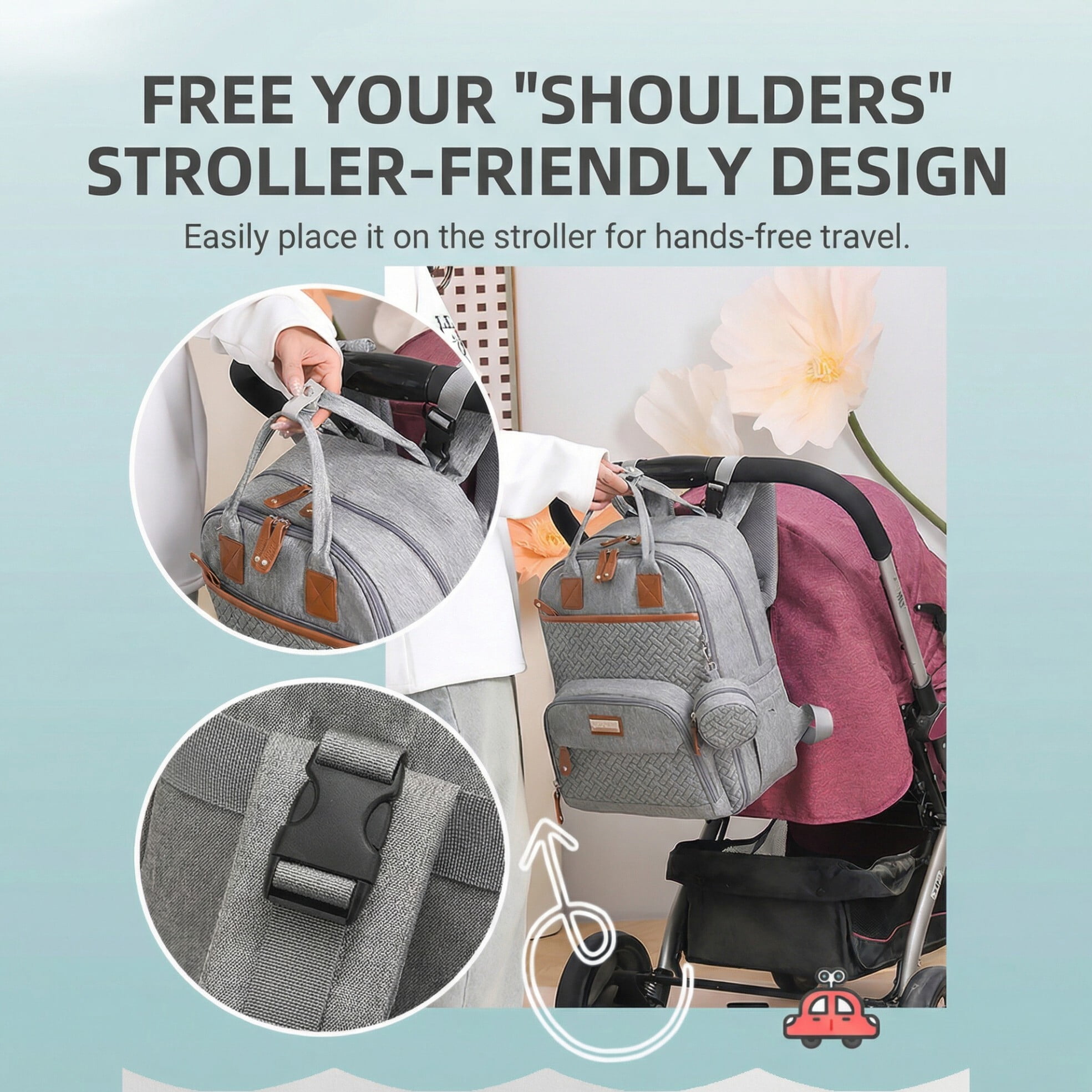 Baby diaper bag, with changing pad, multi-functional baby diaper bag, portable diaper bag, diaper bag storage bag, with insulated bottle bag, suitable for both boys and girls, gray.
