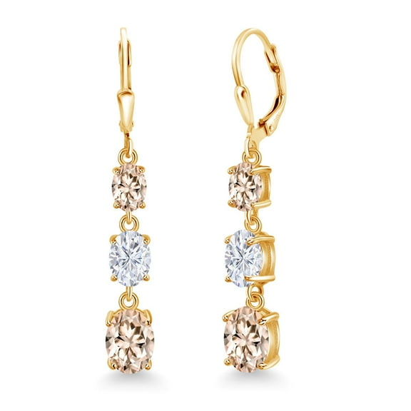 Gem Stone King 18K Yellow Gold Plated Silver Peach Morganite 3 Stone Dangle Earrings for Women (4.80 Cttw, Gemstone October Birthstone, Oval 8X6MM, 7X5MM and 6X4MM)