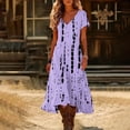 thumbnail image 3 of Women's Retro Floral Print V Neck Short Sleeve Midi Dress Loose Fit Flowy Beach Dress Comfy Summer Dress for Vacation and Casual Wear, Size S-2XL, 3 of 5
