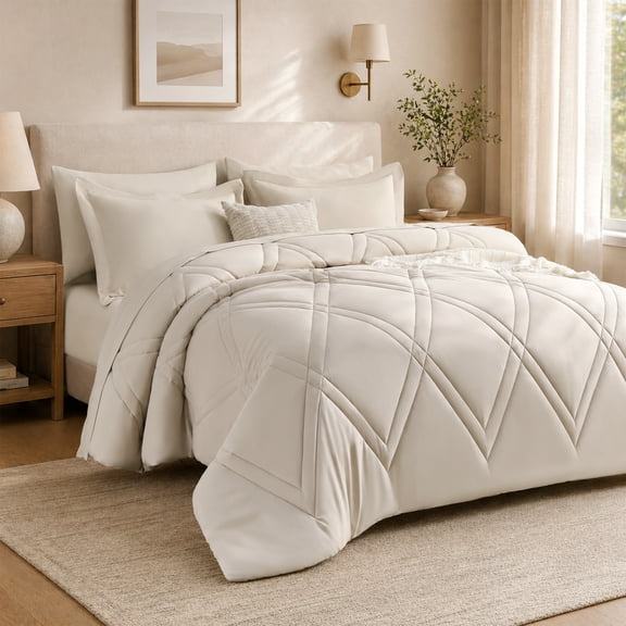 Lipa Queen Comforter Set,7-Piece Bed in a Bag,All Season Bedding Set,Comforter,Flat Sheet,Fitted Sheet,Pillowcases and Shams,Beige