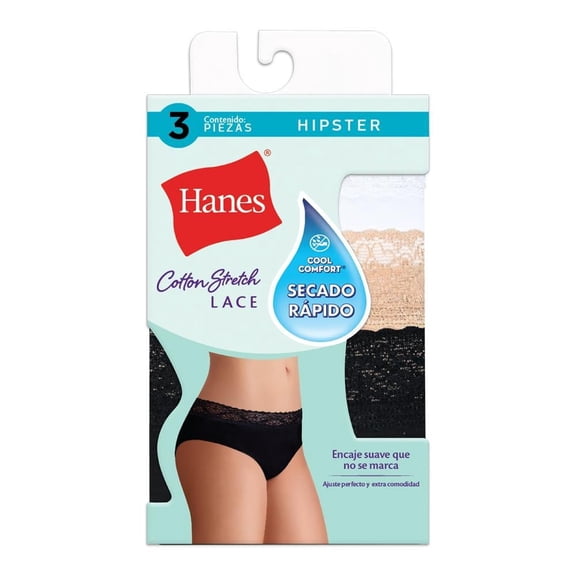 Pantaleta Hanes para Mujer, Corte Hipster Lace Multicolor 3 Piezas Talla G/7
