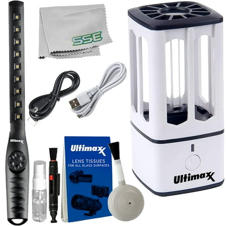 Ultimaxx Mini Portable UV Disinfecting Lamp with Travel Essentials Bundle - Includes: Ultimaxx Rechargeable Handheld UV-C Wand w/ 9 UV Bulbs, 5 Piece Maintenance Kit for Lenses & Screens & More
