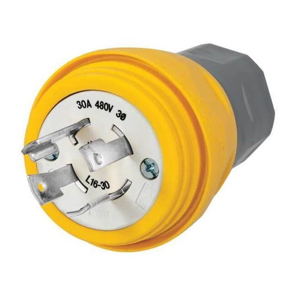Watertight Locking Plug, L16-30P, 30 A, 480V AC, Three Phase, 3 Pole, Screw Terminals, Yellow