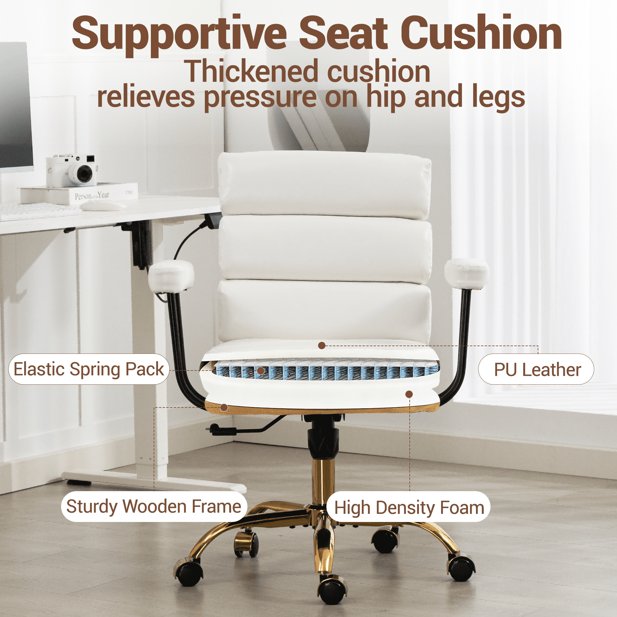 WENTUM Office Chair,Mid Back Home Office Desk Task Chair, Ergonomic PU Leather Computer Rolling Swivel Chair with Padded Armrest, White