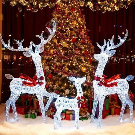 DRAZUNO 3PCS Christmas Lighted Iridescent Reindeer Family Set w/215 White LED Lights