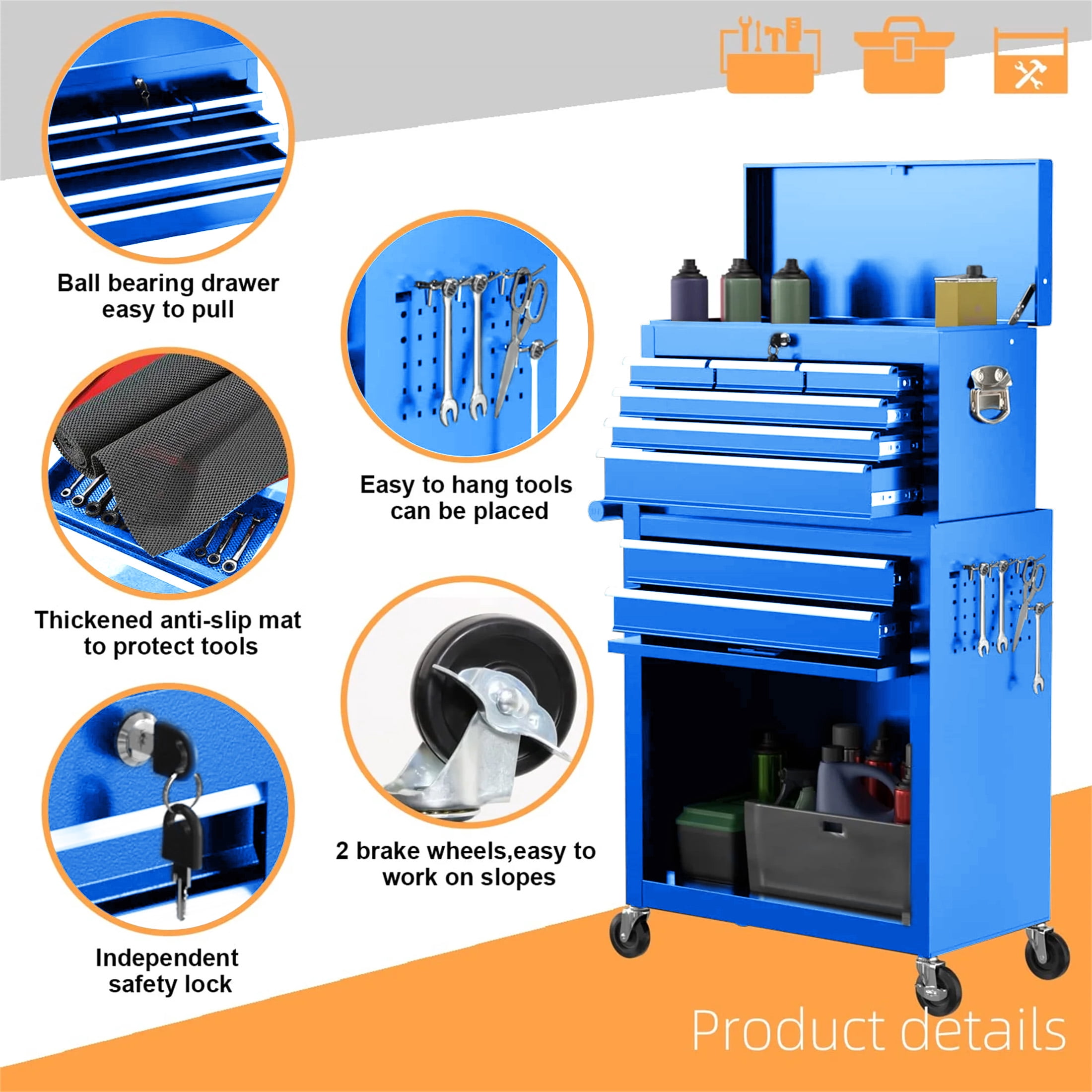 Aukfa Tool Chest, 2 in 1 Steel Rolling Tool Box & Cabinet on Wheels for Garage, 8-Drawers, Blue