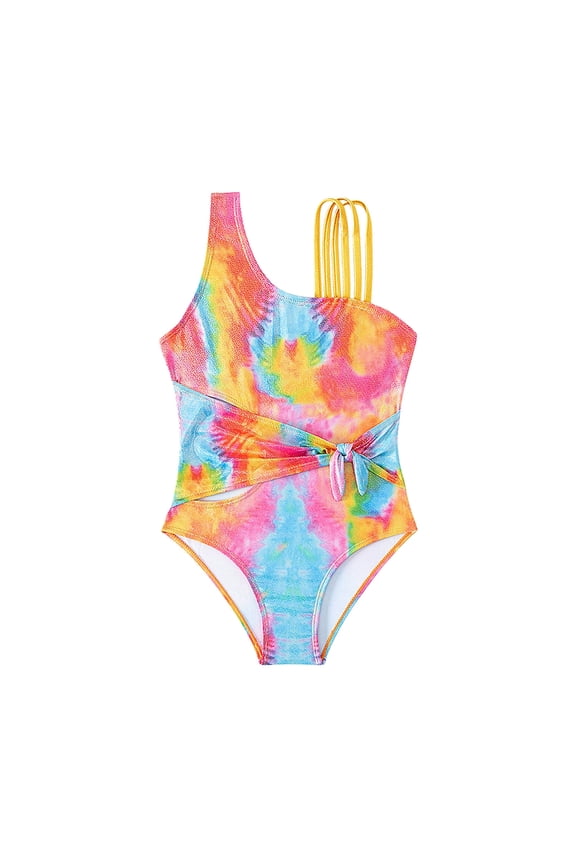 Tankini Swimsuits For Baby Girl Trendy Oblique Shoulder Tie-Dye Swimming Comfortable One-Piece Cool Bathing Suit Swimswear