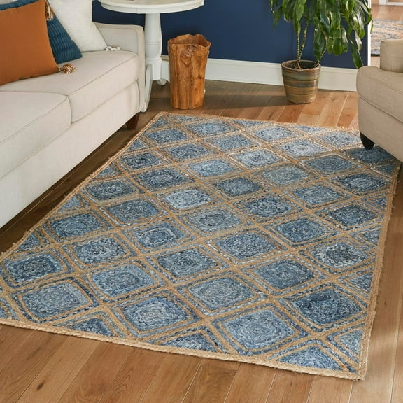 Unique Loom Braided Jute Collection Area Rug - Bengal (6' 1" x 9' Rectangle Blue/Natural)