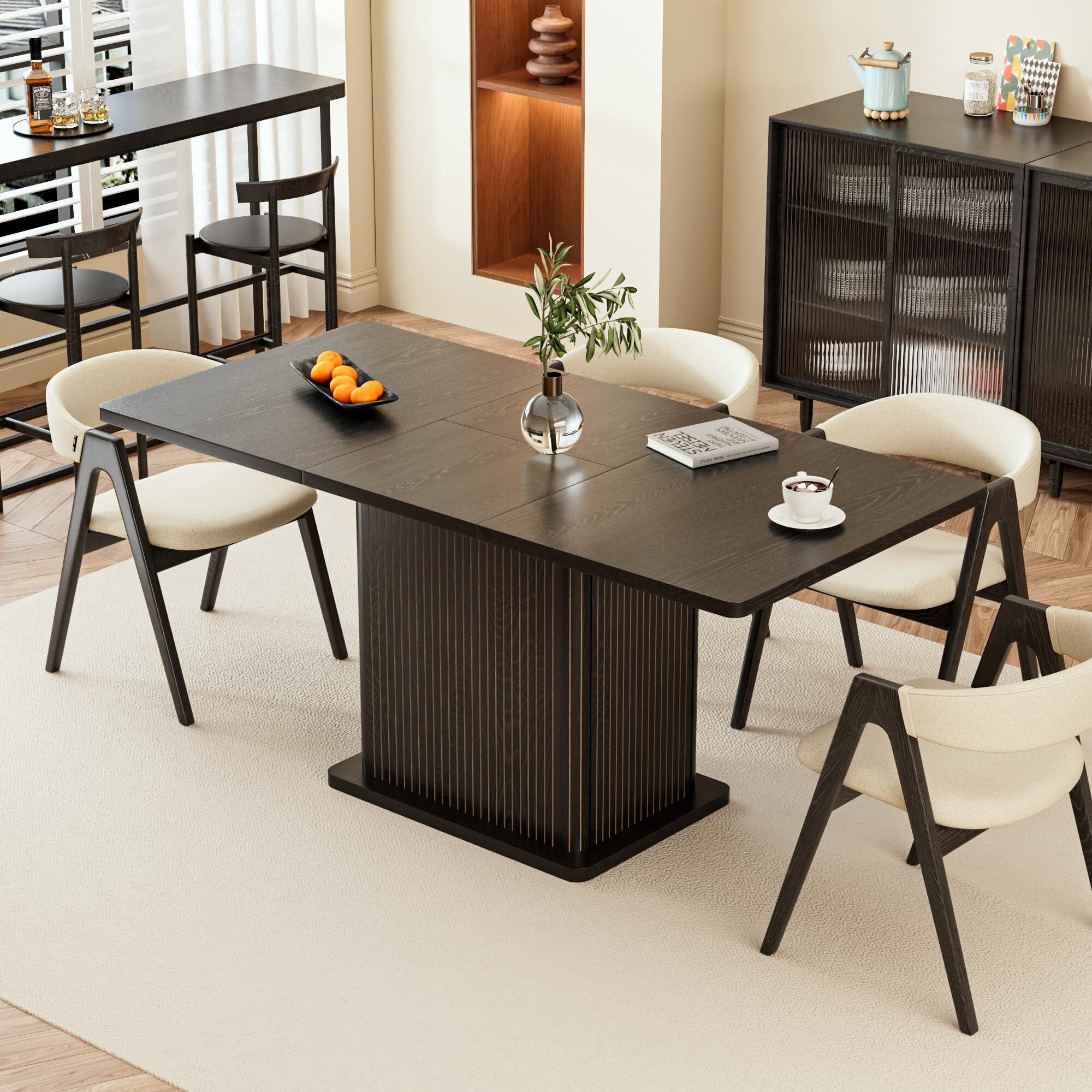Extendable Black Dining Table 47-65", Seats 4-6, Fluted Wood Kitchen Table with Storage, Mid Century Modern, Black