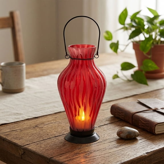 Northlight 9.5" Frosted Red Ribbed Vase Glass Bottle Tea Light Candle Lantern Decoration